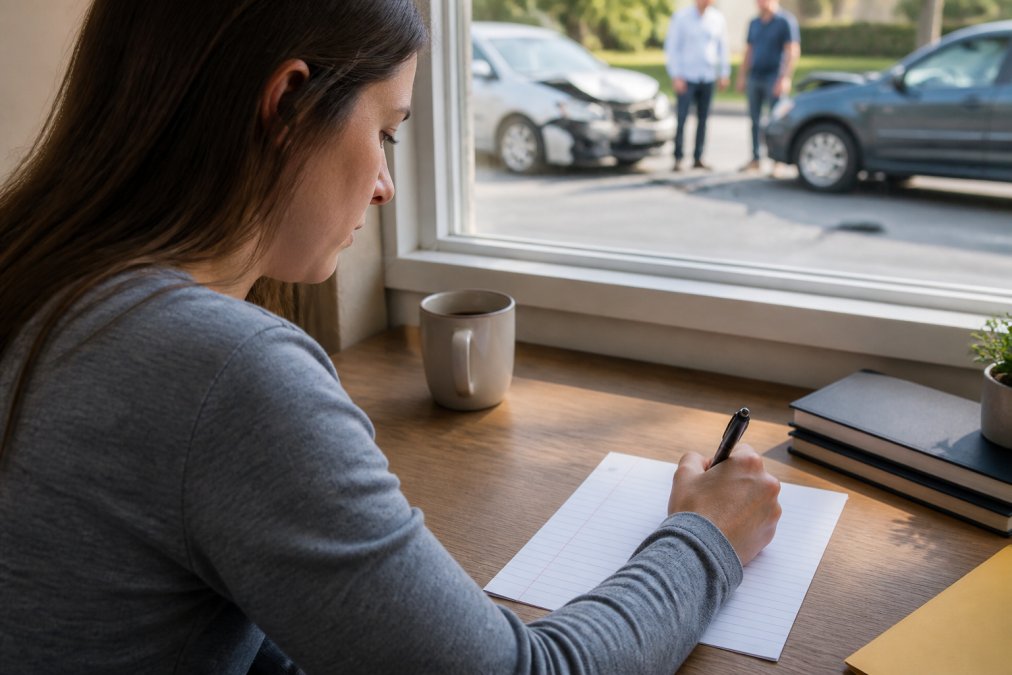 Person sitting at a desk writing on lined paper with a pen, natural light from window showing accident scene details in the background