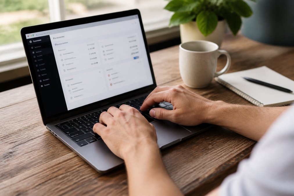 Close-up of hands typing on a laptop keyboard with a coffee mug and notepad on a wooden desk, Shopify admin dashboard visible on the screen in soft natural window light