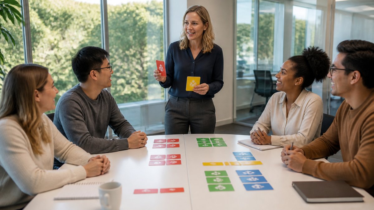 Group workshop with new hires using colorful cards for DISC training process visualization