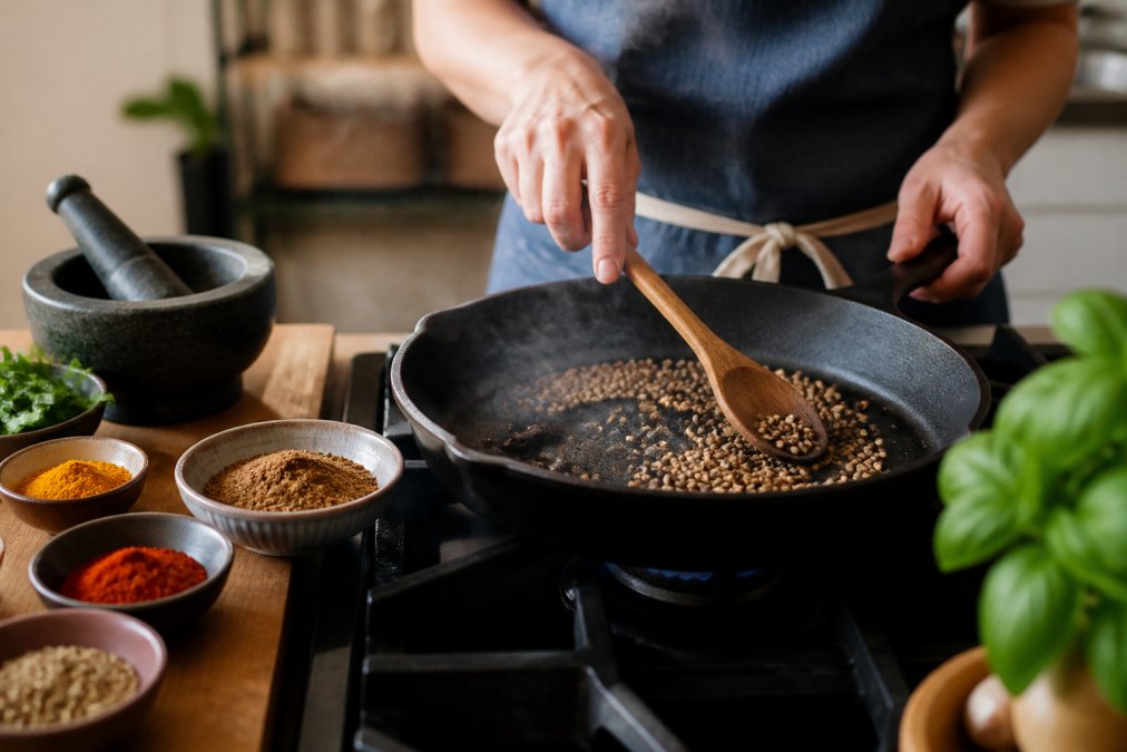 Hands blooming whole spices in a hot skillet to create deep flavor without sugar for a home-cooked meal.