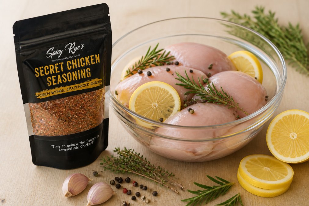 Raw chicken breasts in a clear glass bowl with fresh lemon slices, sprigs of thyme and rosemary, scattered peppercorns, and garlic cloves on a light wooden surface with warm natural lighting