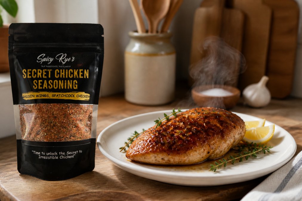 Golden-brown roasted chicken breast on a white ceramic plate, glistening with glaze, garnished with fresh thyme sprigs and lemon wedges, warm steam rising, soft kitchen lighting