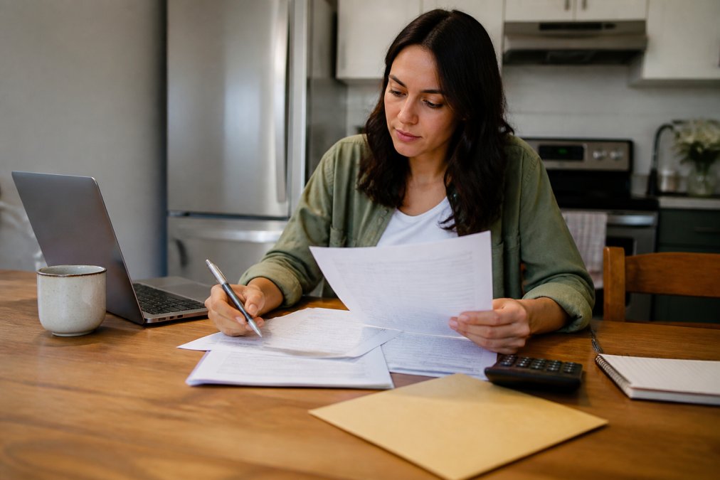A person reviewing car loan documents and insurance paperwork at a kitchen table with a laptop and coffee mug nearby