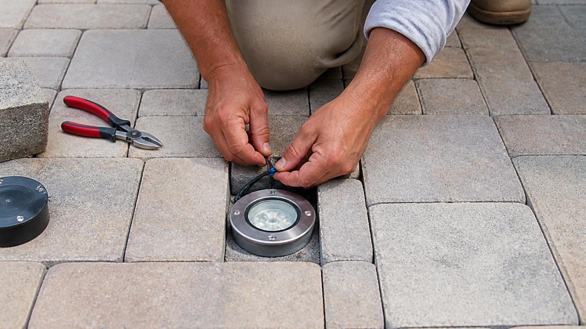 How to Add Lighting to Paver Driveways 2 Professional technician installing an embedded light fixture into a paver driveway, showing the fixture seated in the paver with wiring visible and tools on the ground nearby