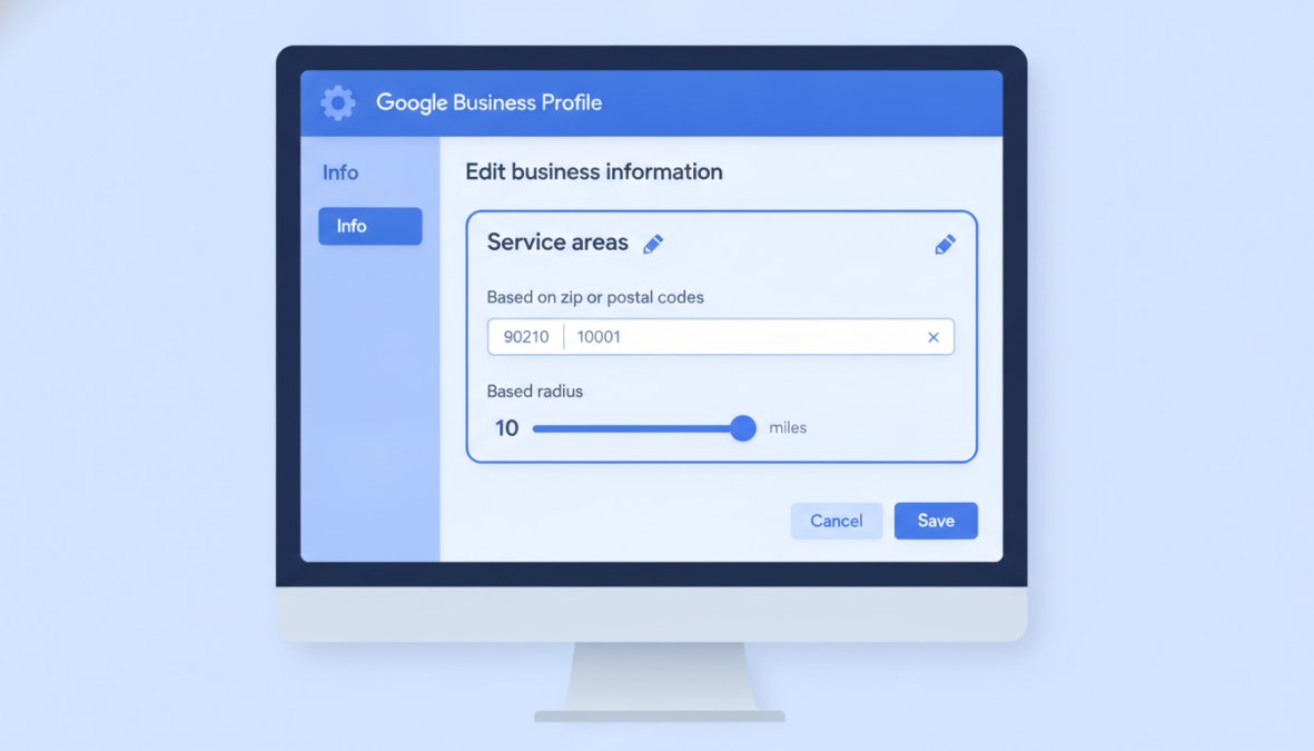 Close-up of a desktop screen showing the Google Business Profile dashboard with the service area settings panel open, displaying zip code input fields and radius options with a map preview
