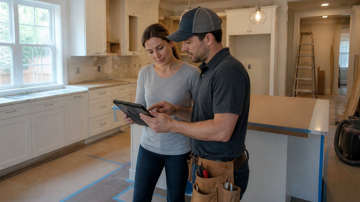 A homeowner and a contractor reviewing a 3D design rendering of a kitchen remodel on a tablet in a bright, partially renovated kitchen
