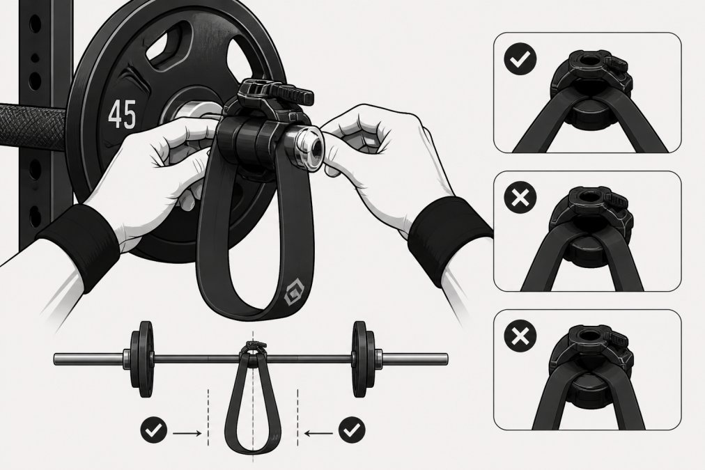 Close-up of hands securing a resistance band to a barbell collar with proper alignment, showing the band wrapped firmly around the collar with the loop centered and hanging evenly on both sides