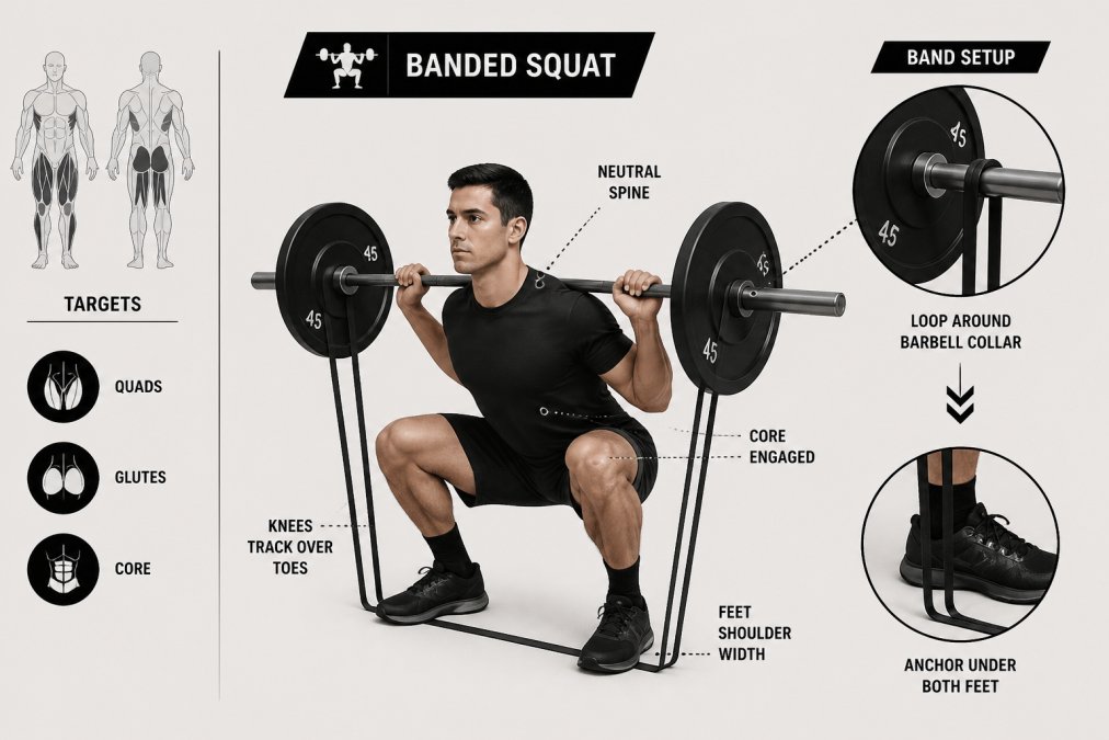 Athlete performing a banded squat with proper form, showing the band looped around the barbell collar and anchored under both feet, with the lifter in the bottom position displaying neutral spine and engaged core