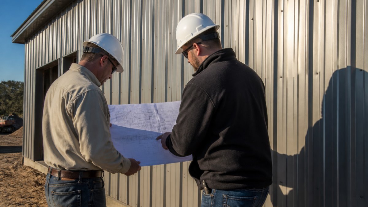 Two workers in hard hats reviewing building plans against the steel wall of a metal workshop, morning sunlight hitting the corrugated siding