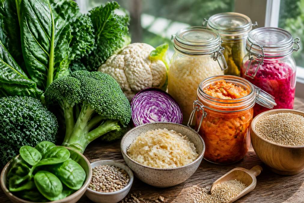 Colorful array of fresh vegetables including leafy greens, cruciferous vegetables, fermented foods like sauerkraut and kimchi in glass jars, and fiber-rich whole grains arranged on a wooden surface in bright natural daylight