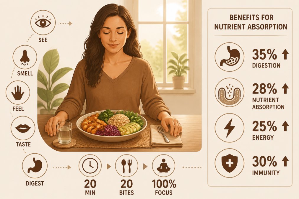 Person sitting peacefully at a wooden table with a colorful meal, hands placed mindfully on the table, taking time to eat slowly with a calm, focused expression and natural window lighting