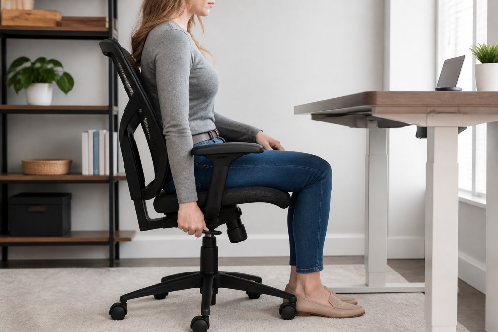 Person sitting at a desk using the lever to adjust ergonomic chair height with feet flat on the floor