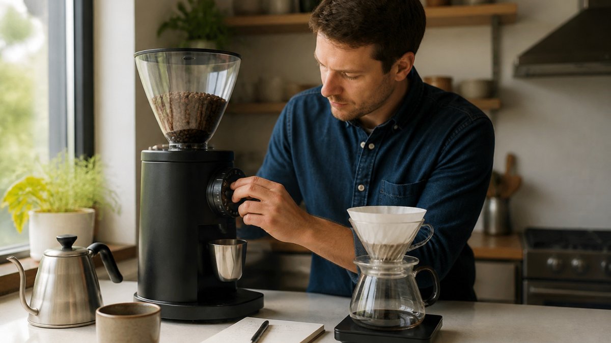Hands adjusting the grind size dial on a burr grinder next to a pour over dripper and brew notes on a sunlit counter.