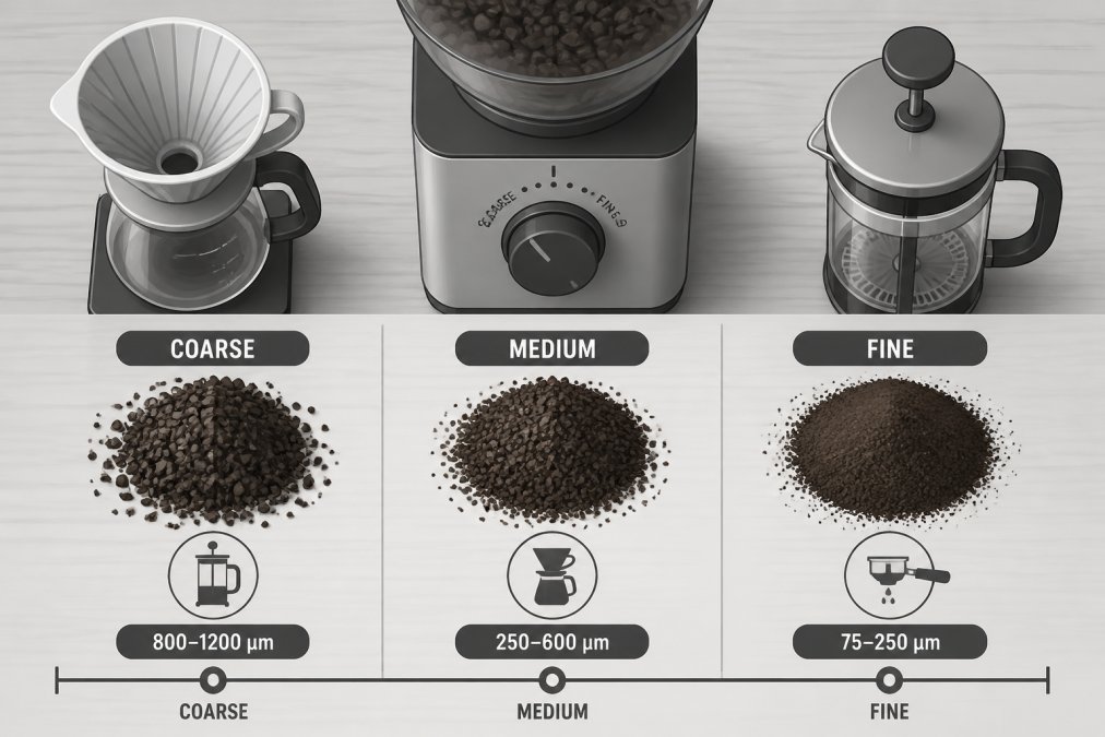 Overhead shot of a burr grinder with three small piles of coffee grounds on a wooden counter, showing coarse, medium, and fine textures side by side next to a pour-over dripper and French press