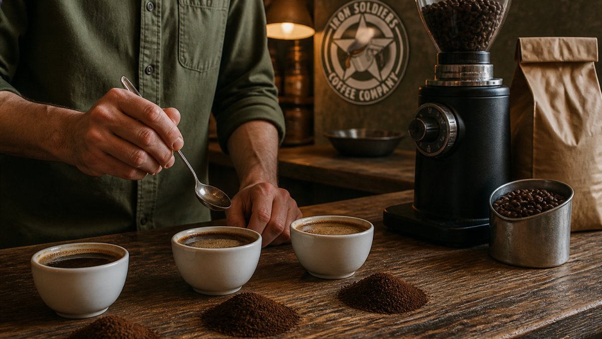 Close-up of a barista's hands holding a small tasting spoon beside three labeled cups of brewed coffee on a wooden counter, with a burr grinder and a bag of whole beans in the background