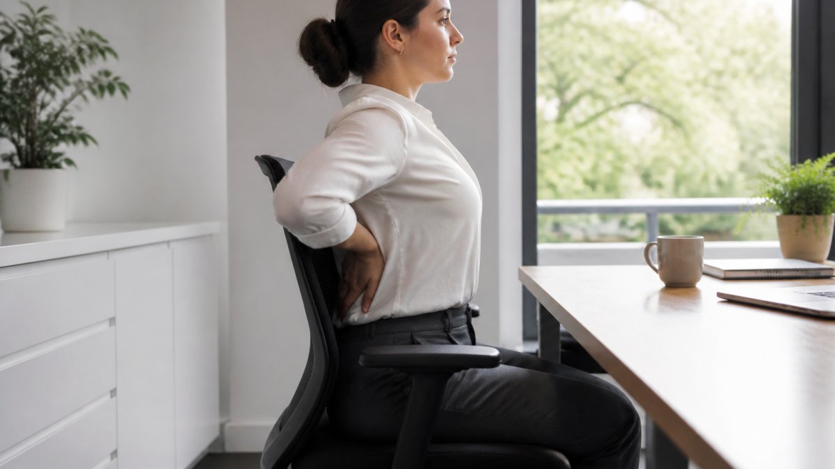Person sitting upright at desk demonstrating proper posture, hand placed on lower back showing natural lumbar curve, natural office lighting from window