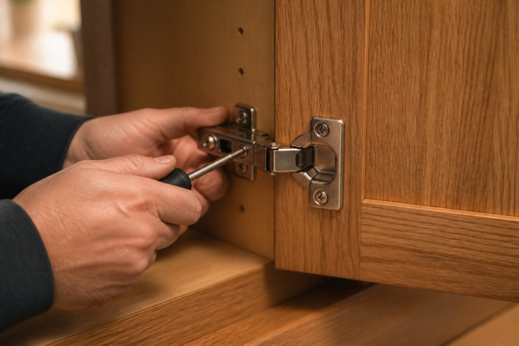Close-up of a joiner's hands holding a cross-head screwdriver against the adjustment screw of a concealed soft close cabinet hinge, cabinet door open at an angle, warm kitchen lighting