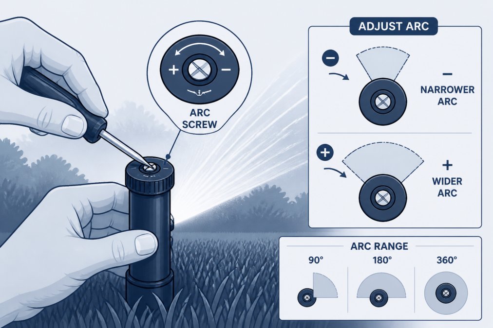 Close-up of a homeowner's hands adjusting the arc screw on a pop-up sprinkler head with a flat-head screwdriver, showing the adjustment mechanism and water spray in the background