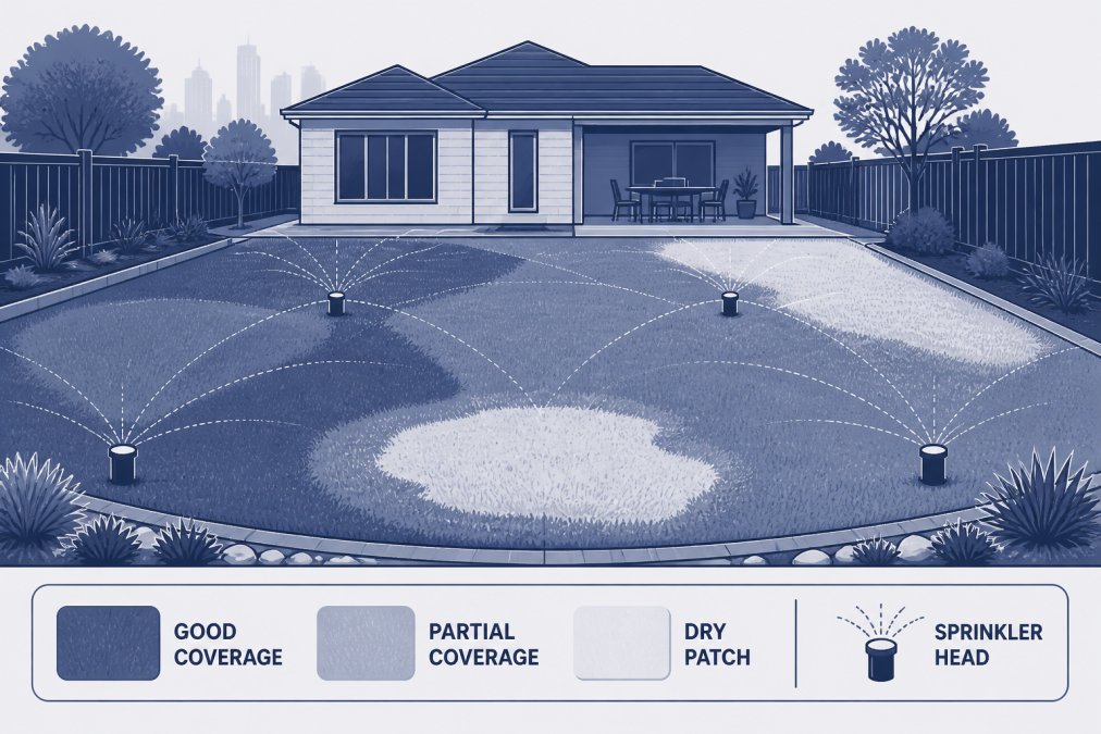 Wide shot of a residential Melbourne garden showing dry patches and uneven coverage areas on lawn, with sprinkler heads visible in the landscape