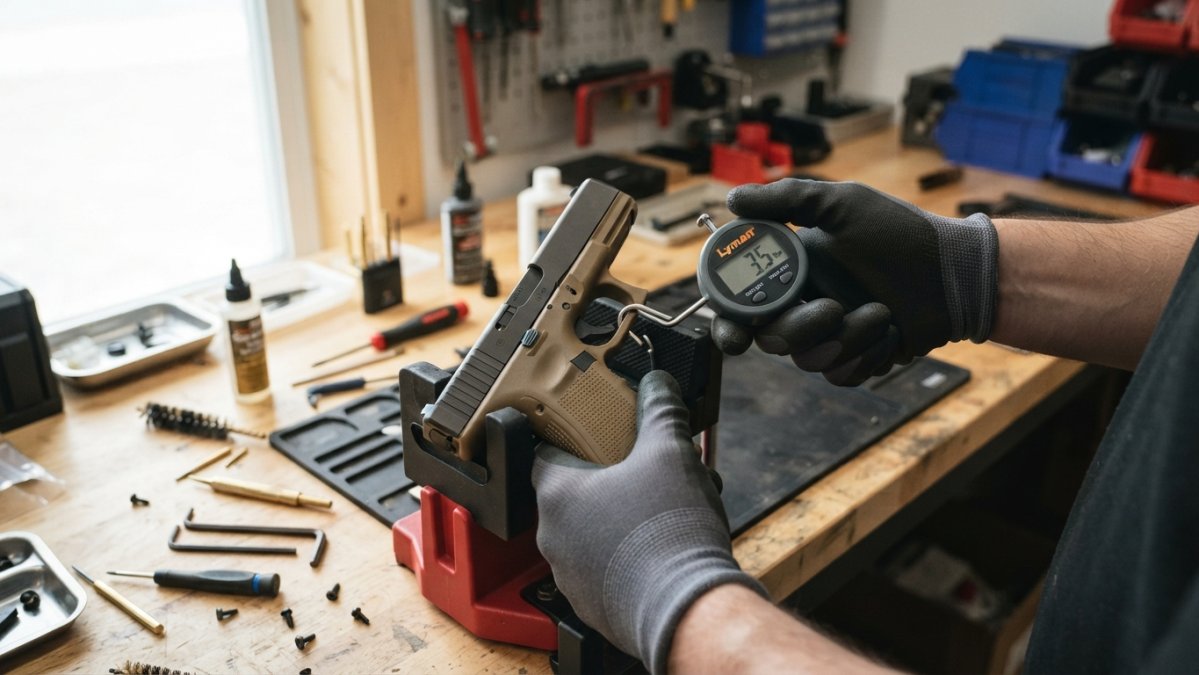 Close-up of a person's hands using a trigger pull gauge on an unloaded pistol, focused on the gauge and trigger, well-lit workshop bench
