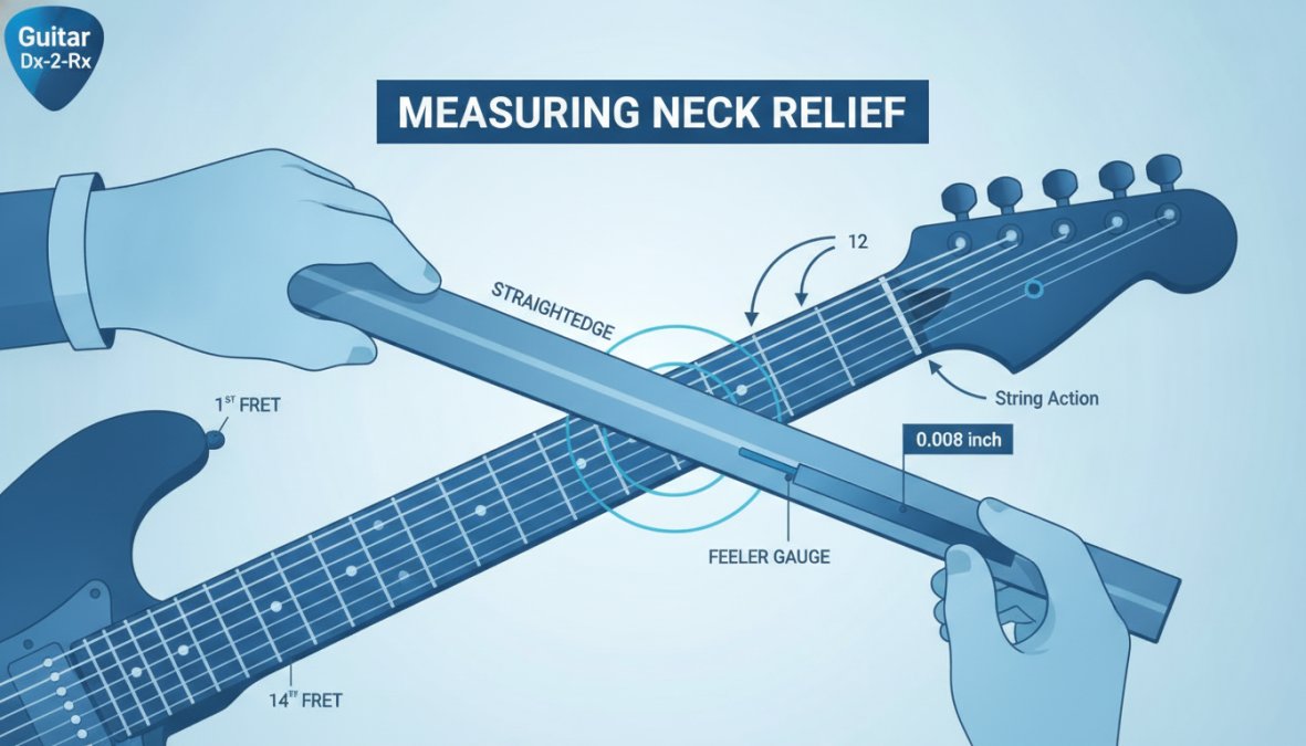 Close-up of a luthier's hand holding a straightedge across a guitar fretboard, measuring the gap at the 7th fret with a feeler gauge, natural workshop lighting