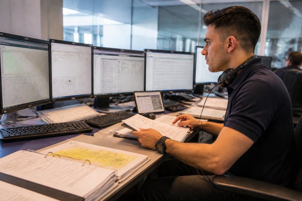 Aircraft dispatcher focused on flight plans in a modern operations center with multiple monitors