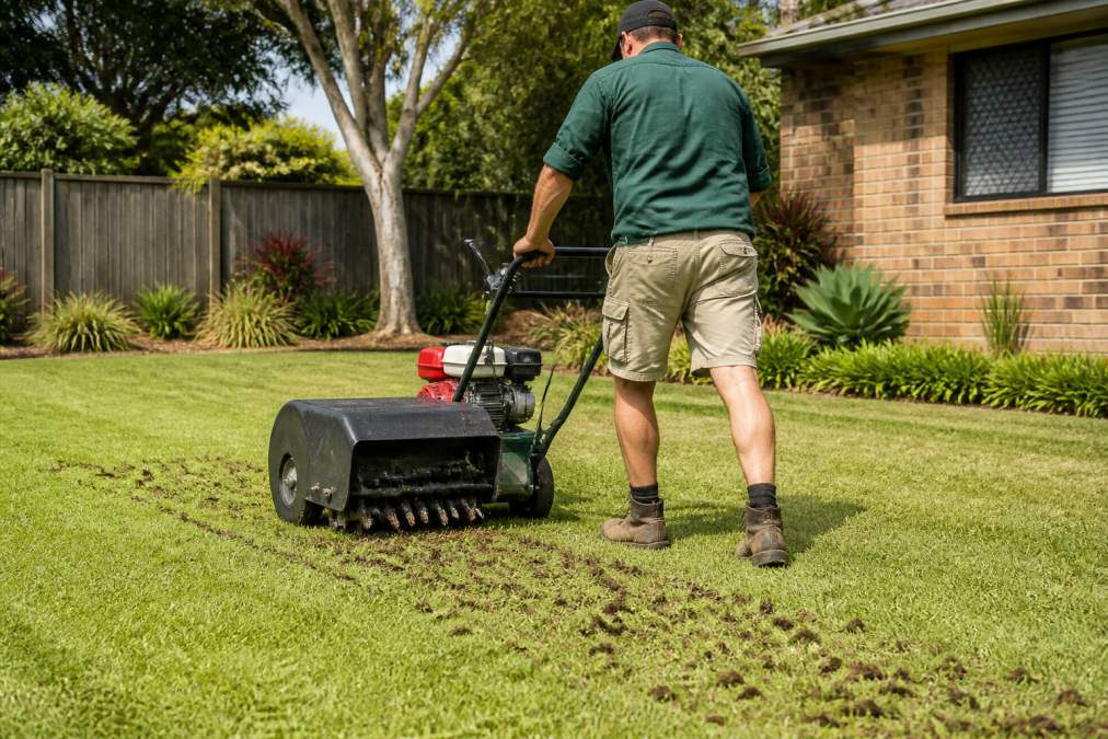 A person operating a walk-behind core aerator on a residential lawn, with small soil plugs visible on the surface behind the machine, sunny day, suburban backyard setting