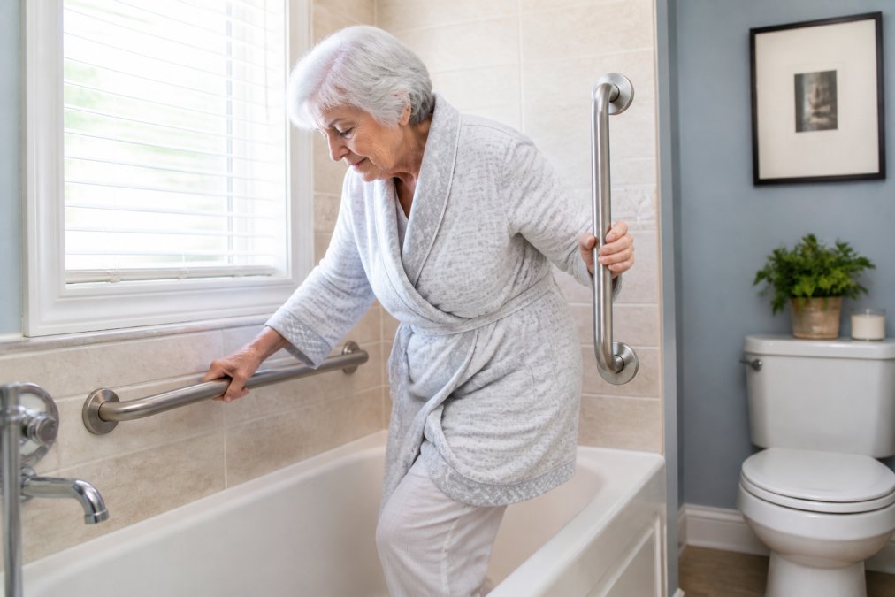 Older adult safely using grab bars installed next to a bathtub in a well-lit bathroom, showing proper hand placement and secure installation