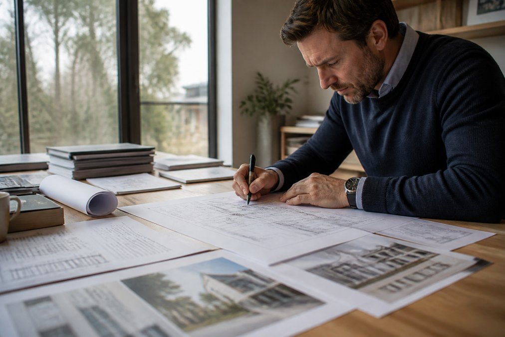 Architect reviewing detailed architectural plans and building specifications on a desk with design drawings, thermal performance notes, and compliance documentation spread out in natural office lighting