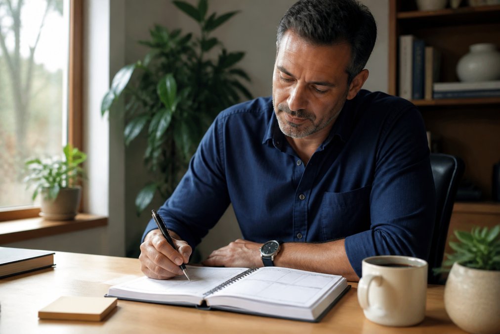 Professional in their 40s planning their day to align biology with goals in a bright home office.