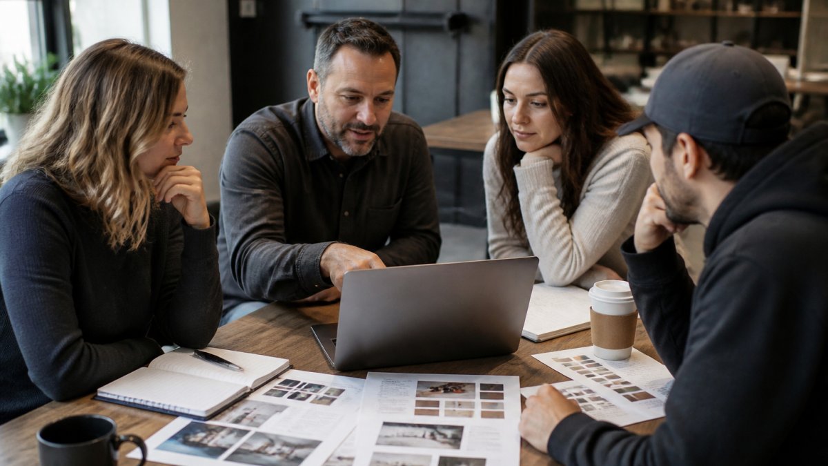 Marketing team reviewing brand guidelines on a laptop and printed materials, with coffee and notebooks on a modern desk