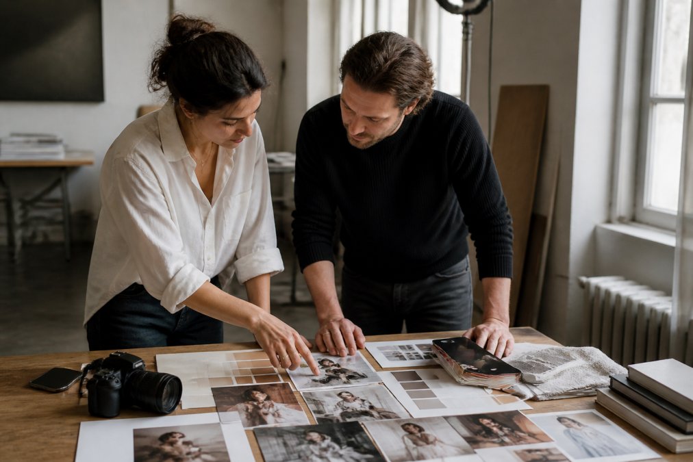 A creative director and photographer reviewing mood boards and printed reference images together on a table in a bright studio, pointing at color swatches and composition notes