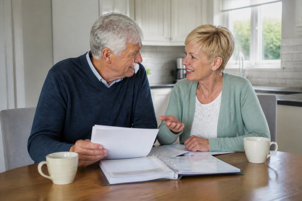 A mature couple sitting together at a kitchen table with coffee, reviewing documents and discussing their retirement plans with genuine engagement and warmth
