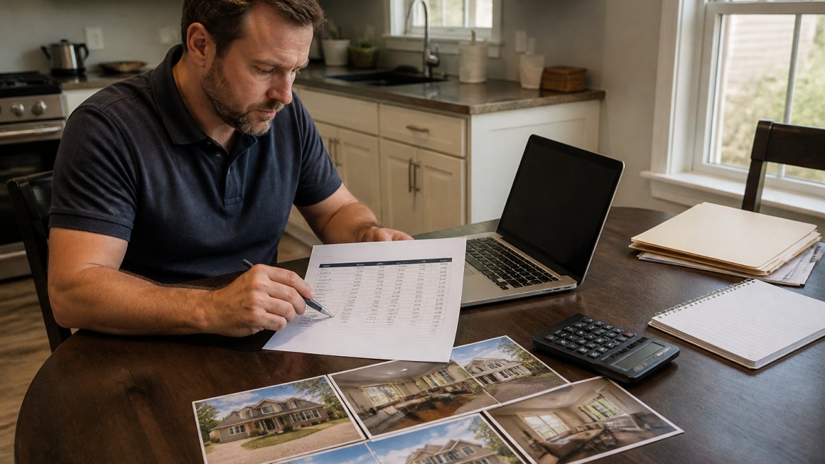 Investor reviewing a property spreadsheet and calculator to analyze BRRRR deals at a sunlit kitchen table