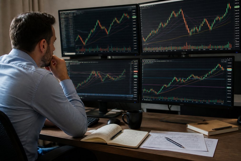 Professional trader analyzing gold price charts on multiple computer monitors displaying candlestick patterns, moving averages, and support/resistance levels with trading notes visible