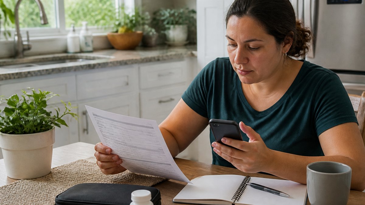 A person sitting at a kitchen table with a printed lab report, a smartphone showing a health app, and a notebook, reviewing results in natural daylight