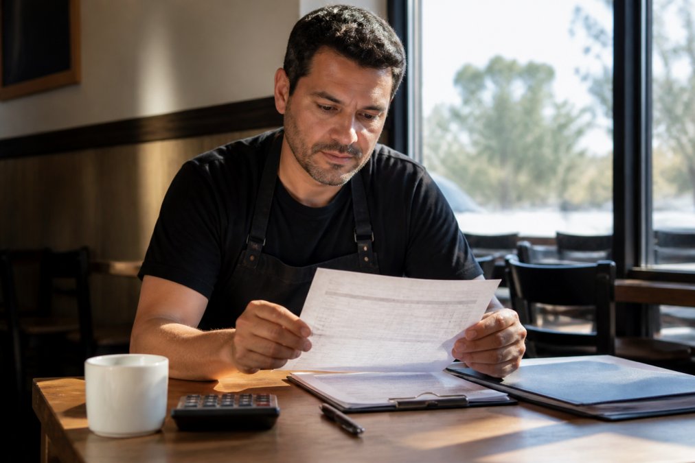 A small restaurant owner reviewing a printed financial statement at a wooden desk with a calculator, pen, and coffee cup, warm afternoon light through a window