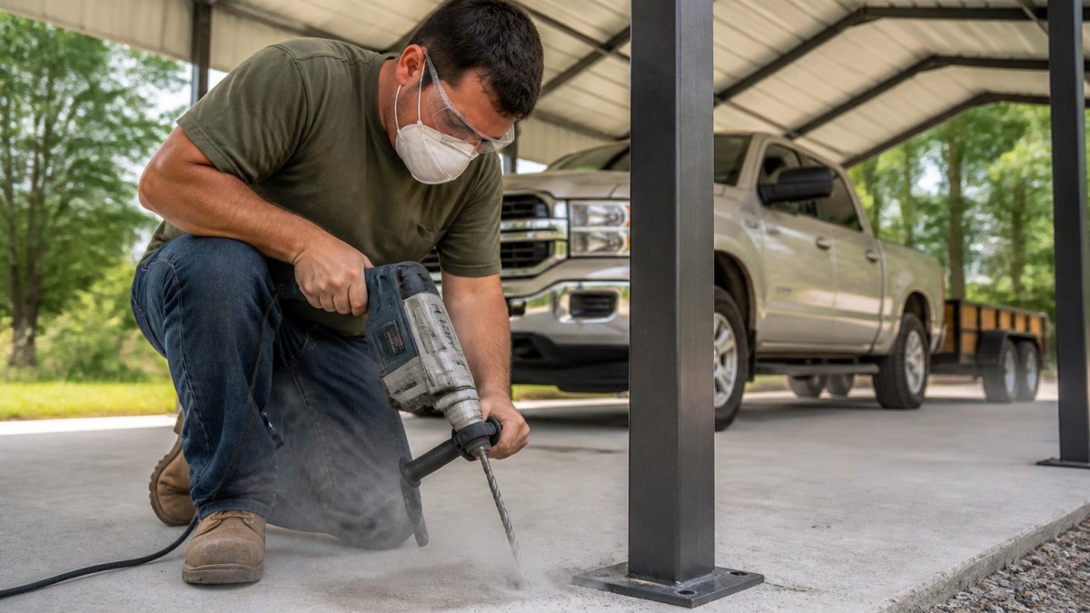 Professional worker using a hammer drill to bore into a concrete slab, wearing safety goggles and dust mask, with visible concrete dust and proper drilling technique