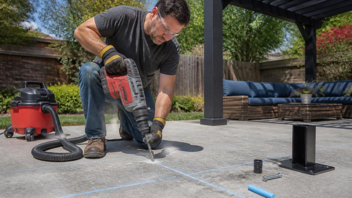A homeowner in work gloves and safety goggles using a hammer drill with a masonry bit to bore a hole into a concrete patio slab, with a shop vacuum and chalk lines visible nearby in a sunny backyard