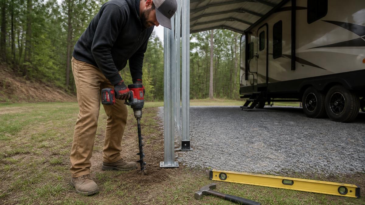 Person using a power auger to install a ground anchor for an RV carport leg in a dirt yard