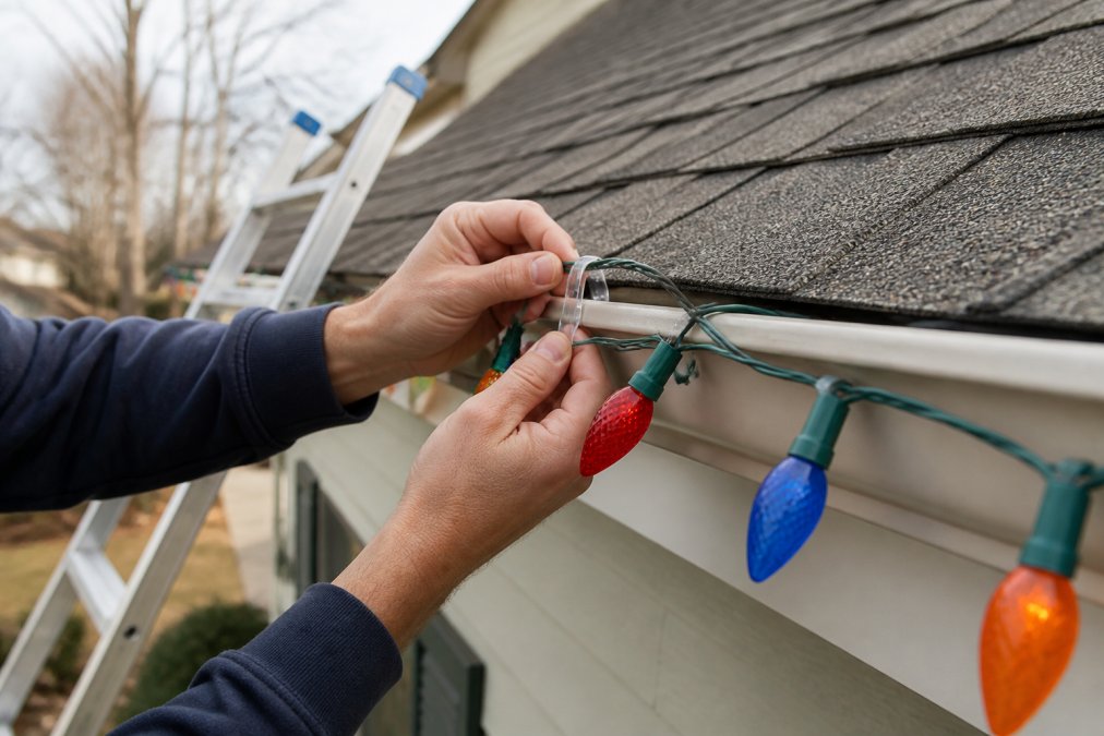 Hands attaching a plastic gutter clip to a roofline to show how to anchor outdoor holiday lights safely.