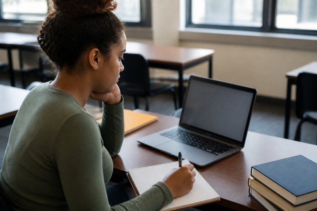 Student seated at a desk with a laptop, notebook, and pen, thoughtfully reading an assessment question on the screen while taking notes in natural classroom lighting