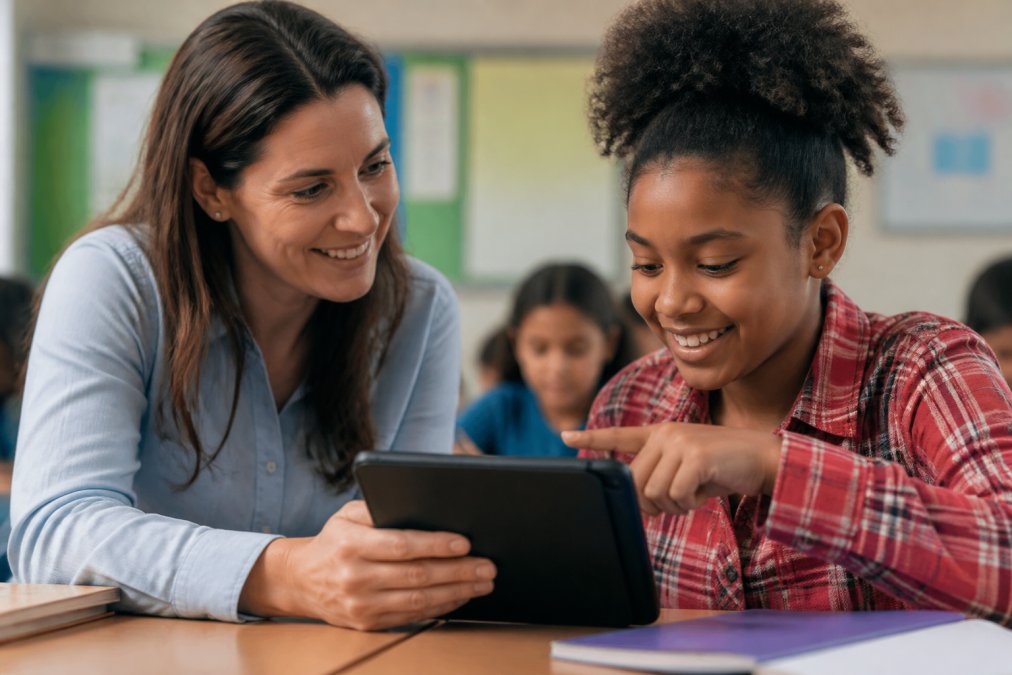 Teacher and student in a classroom having a discussion, with the student pointing to feedback on a tablet, showing collaborative assessment review with warm natural lighting