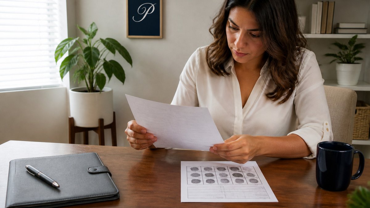 Person reviewing a fingerprint card and application form for an apostille FBI background check at a desk