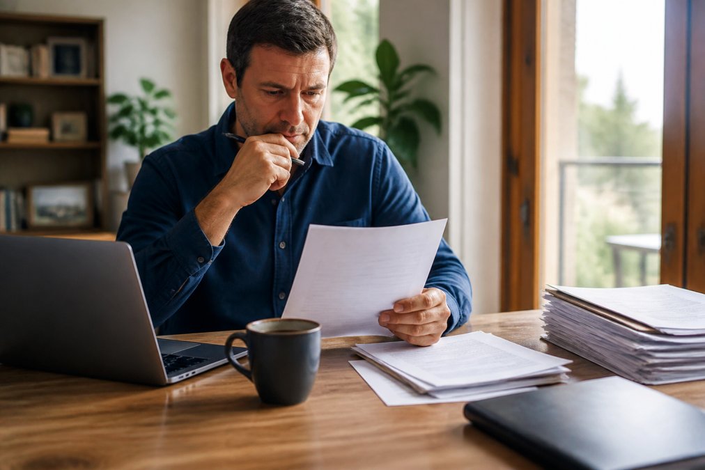 A person reviewing legal documents at a wooden desk with a laptop and a cup of coffee, appearing focused and determined in a home office setting