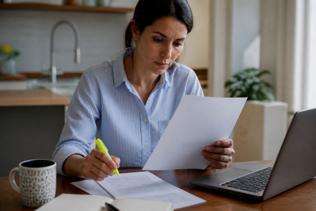 A person at a kitchen table reading an official insurance document with a highlighter in hand, a laptop and coffee mug nearby