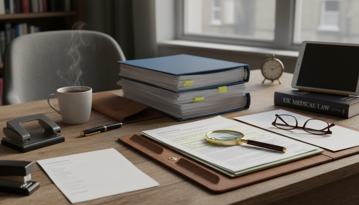 A person sitting at a desk writing a formal letter by hand, with printed insurance policy documents spread open, a laptop showing an email draft, and a cup of coffee on a wooden home office desk under warm lamp light