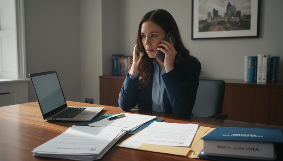 A professional in a business suit on a phone call at a tidy office desk, with official-looking printed correspondence and an open laptop displaying a formal complaint form, under bright natural window light