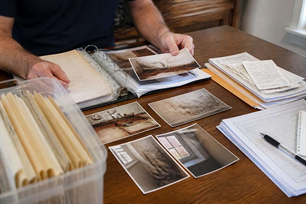 Homeowner organizing water damage documentation on a desk with photographs of damage, insurance paperwork, receipts, and proof of loss forms arranged in organized sections with natural office lighting