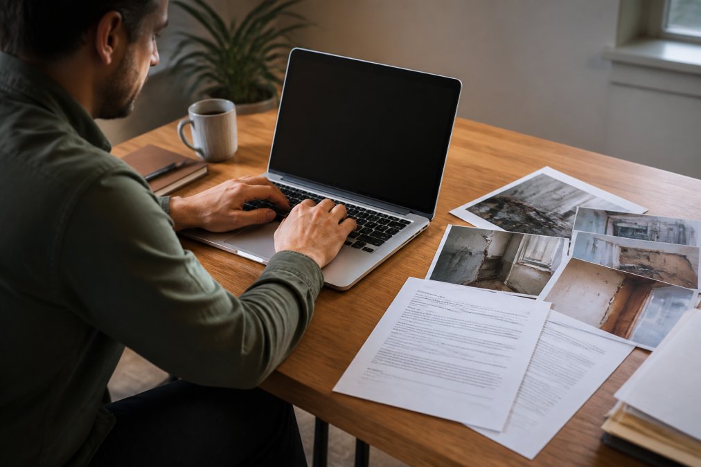 Person typing a formal appeal letter on a laptop at a home desk with the original denial letter and supporting water damage documentation visible nearby on the desk surface